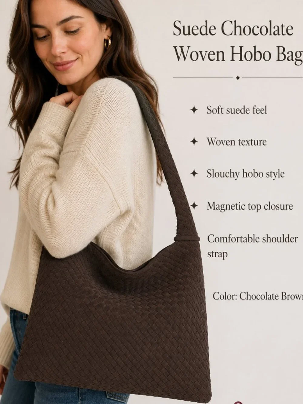 Brown Slouchy Woven Suede Hobo Bag Crossbody Crescent Shoulder Tote Purse NWOT